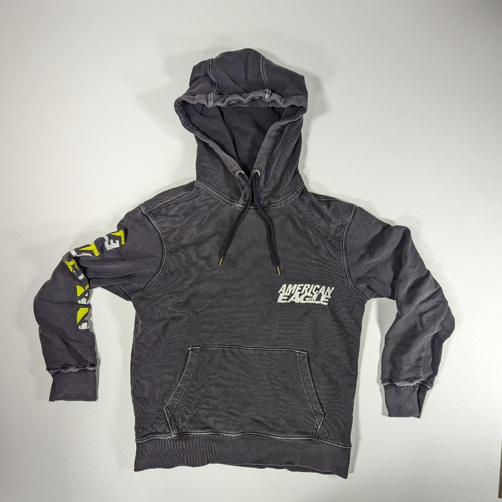 American Eagle Hooded Sweatshirt Men's Size Small Gray Hoody Vintage Distressed